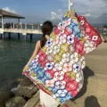 Ethnic geometric print sun protection shawl, vibrant multi-color design, detailed view. - 18165