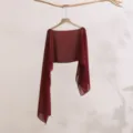 Detailed view of lightweight burgundy women summer long sleeve sun protection shawl cover up. - Burgundy