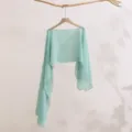 Detail shot of mint green chiffon sun protection shawl shrug summer lightweight long sleeve cover-up top - Light Green