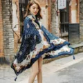 Women bohemian chain print shawl scarf elegant blue white wrap cape for summer travel outdoor - Style 2