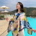 Women's stylish floral print silk shawl poncho, ideal for summer outdoor sun protection. - Style 32