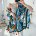 Ethnic floral print beach shawl and summer sunscreen silk scarf for women travel and outdoor styling. - Green Leaf Floral