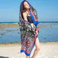 Foulard de plage style ethnique châle coton lin vacances protection solaire femmes été - 1729 bleu