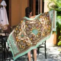 Ethnic geometric print silk scarf, perfect travel photography shawl and stylish sun protection wrap. - Green Gem Totem Floral