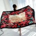 Vintage floral bird print oversized scarf shawl, elegant black red fashion accessory for women. - L245 Black Red Bird