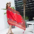 Red ethnic style beach scarf, lightweight cotton linen shawl for women summer holiday vacation. - 18127