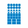 Detail view of blue geometric adhesive stickers, showing circles, triangles and squares. - Blue