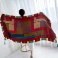 Ethnic geometric print silk scarf, large sun protection shawl for beach and travel. - Geometric Stripes