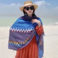 Ethnic style blue geometric pattern beach sunscreen shawl and lightweight scarf variant. - Wave Blue