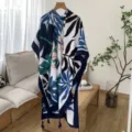 Women beach floral print kimono cover-up vacation boho shawl cardigan blue white leaf design - 41