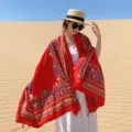 Red ethnic style sun protection shawl, lightweight travel scarf for women desert beach outfit. - 127