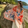 Bohemian floral printed tassel shawl scarf, lightweight seaside vacation sun protection wrap. - 88182322