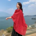 Red pleated shawl for women, versatile vintage style lightweight scarf for spring and autumn daily wear. - Red
