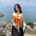 Floral print imitation silk pullover shawl, lightweight sun protection cape for women. - Style 30