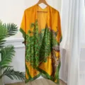 Women satin kimono shawl yellow peacock print sun protection cardigan beach outerwear scarf - 90*180cm / 16