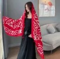 Retro ethnic style red printed linen scarf shawl for women travel fashion accessory. - L309