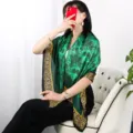 Elegant green floral silk scarf for women, large square satin wrap for spring and autumn. - Emerald Foliage