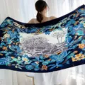 Summer women large silk scarf shawl vintage botanical bird print beach sun protection wrap - Dark Blue Leaf