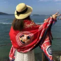 Vintage Baroque red print scarf women travel beach shawl sun protection wrap fashion - Over 175cm / L182