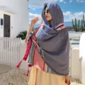 Bohemian Women Scarf Blue Checkered Tassel Shawl Sunscreen Beach Head Wrap Summer Style - 51