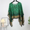 Green floral print sheer poncho shawl loose summer sun protection cape with leopard border - Style 5