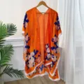 Orange Floral Satin Kimono Beach Cover Up Summer Sun Protection Shawl Cape Cardigan Top - 90*180cm / 09