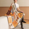 Elegant silk square scarf detail showing equestrian horse and geometric pattern print design. - Square Carriage