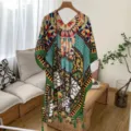 Boho tribal print kimono cover-up, colorful geometric shawl for summer beach vacation. - 45