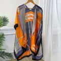 Women Orange Silk Scarf Kimono Cardigan, Stylish Strap Printed Sun Protection Beachwear Shawl - 90*180cm / 08