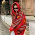 Red bohemian ethnic style women's cotton linen headscarf sun protection shawl variant. - 64