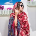 Retro ethno stil baumwolle leinen schal, rot blaue geometrische muster sonnenschal für damen. - L42