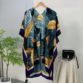 Women Summer Resort Leaf Print Sun Protection Cover Up Shawl Variant Blue Yellow Style - 11