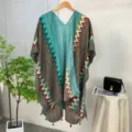 Ethnic style printed women vacation shawl cover up with v-neck and fringe design. - 21