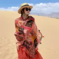 Bohemian ethnic style print sun protection shawl scarf for women outdoor desert travel. - Paisley Totem Patchwork - Vintage Red / 180*90