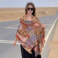 Bohemian ethnic style print shawl scarf, lightweight tassel beach wrap for women desert travel. - Paisley Totem Patchwork - Coffee / 180*90