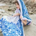 Oversized ethnic style scarf blue white floral print beach shawl summer sun protection wrap - Style 2