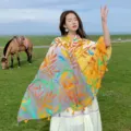 Bohemian floral print sun protection shawl, lightweight beach scarf for women's travel. - Gradient Colorful Leaves - Yellow / 180*90