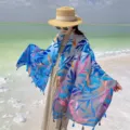 Boho beach shawl scarf for women, lightweight summer sun protection wrap for travel. - Gradient Colorful Leaves - Blue / 180*90