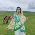 Bohemian green leaf print sun protection scarf, tassel beach shawl variant for women. - Colorful Leaves (Solid Edge) - Green / 180*90