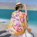 Bohemian beach scarf, colorful leaf pattern sun protection shawl, lightweight travel wrap. - Colorful Leaves (Solid Edge) - Orange / 180*90