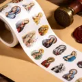 Close-up detail of vintage religious sticker roll featuring classic saint illustrations, craft. - Madonna Theme / 480 Stickers per Roll