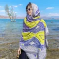 Bohemian ethnic style scarf, yellow and purple geometric print sun protection shawl for women - 326