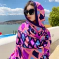 Bohemian geometric print headscarf, purple and pink summer sun protection shawl for women - 334