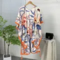Women's floral print sun protection cardigan boho beach kimono shawl with tassels. - 24