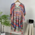 Bohemian ethnic print beach cover up kimono shawl, lightweight V-neck resort cardigan for women. - Green and Blue Embroidery (03)