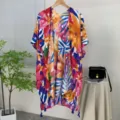Floral print beach kimono cardigan, stylish summer sunscreen shawl for women, vacation wear. - Symmetrical Black (07)
