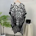 Black and white floral print kimono cardigan, elegant beach sun protection cape for women. - 31