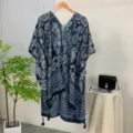 Women summer beach kimono cardigan navy blue ethnic print shawl vacation cover up - 35