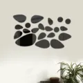 3D pebble mirror wall sticker detail view, acrylic reflective wall decor for living room. - Black