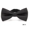 Close-up detail of a classic black striped bow tie with adjustable neck strap for men. - Black